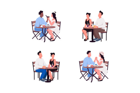 Couples Sit at Table Flat Color Set: A Designer's Versatile Illustration Toolkit
